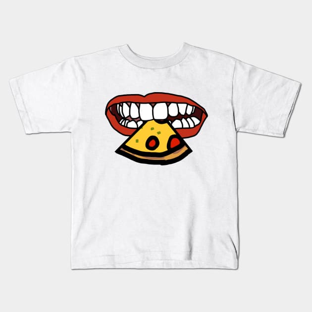 Mouth With Red Lips and White Teeth Eating Pizza Slice Kids T-Shirt by ellenhenryart